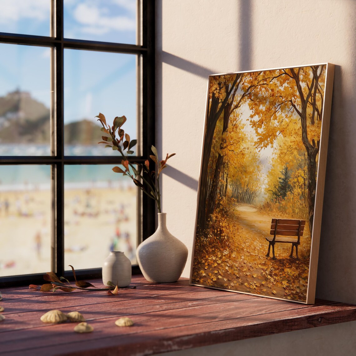 Solitary Wooden Bench Under Golden Trees Autumn Park Scene Art Poster - Image 5