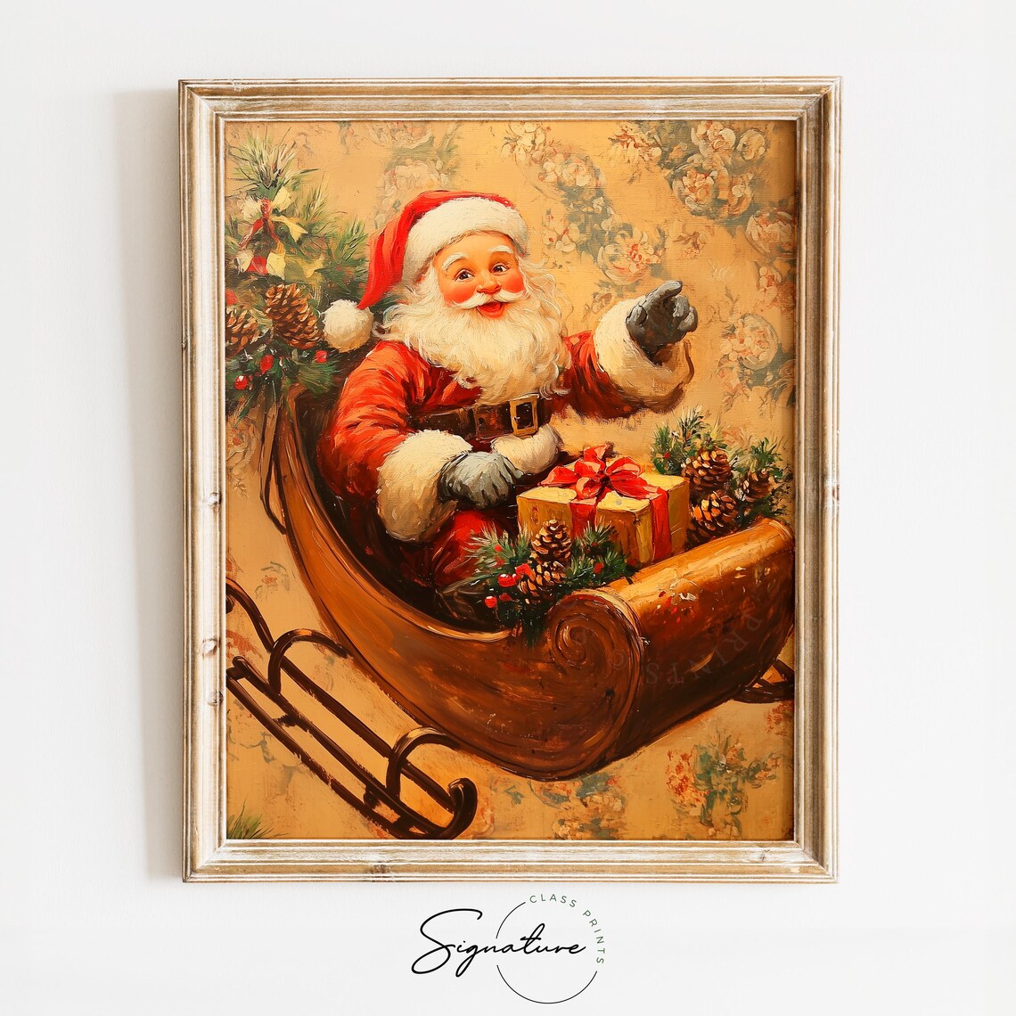 Santa Claus Riding Wooden Sleigh with Gift Vintage Christmas Print