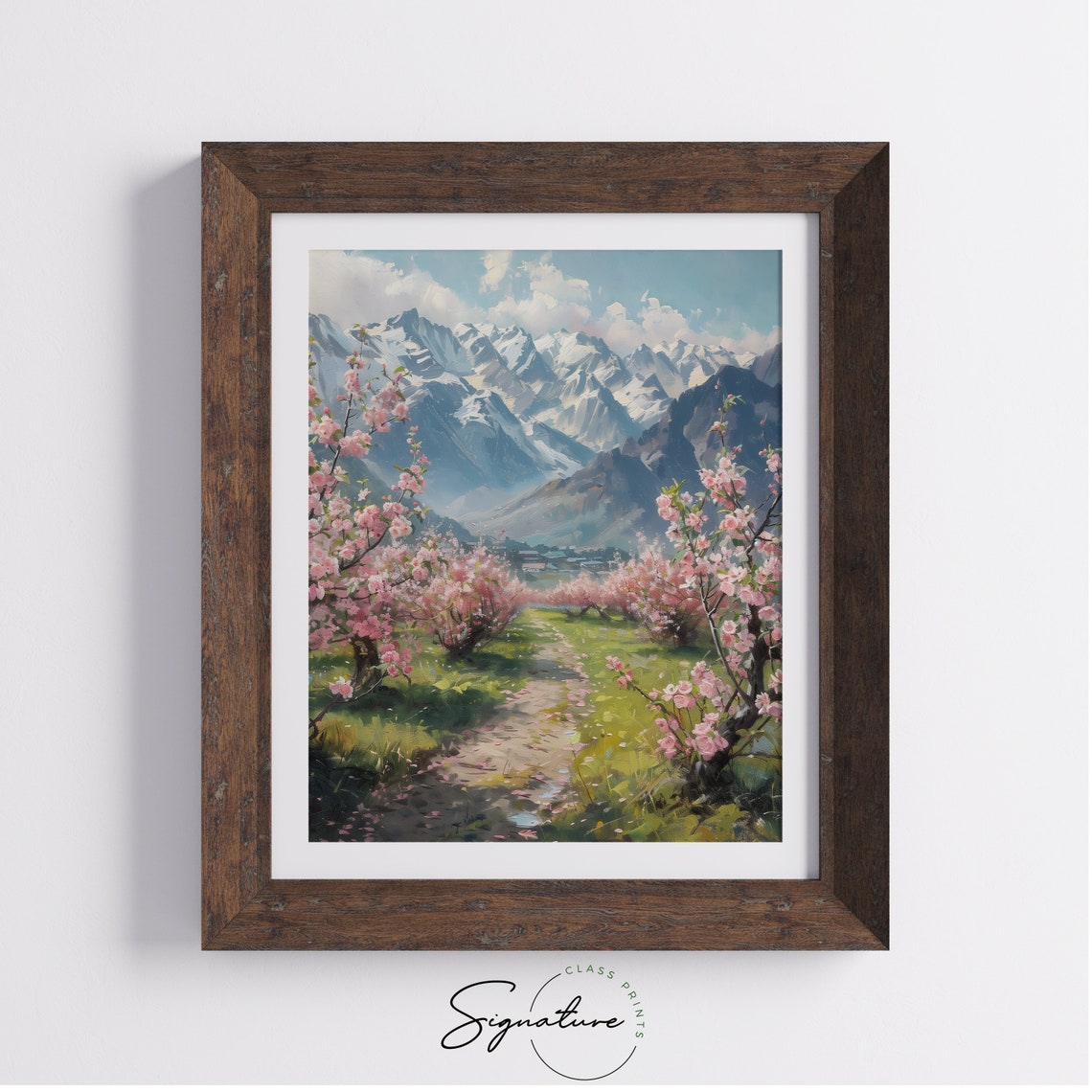 Blossoming Orchard Pink Spring Path Snowy Mountain Valley Poster - Image 4