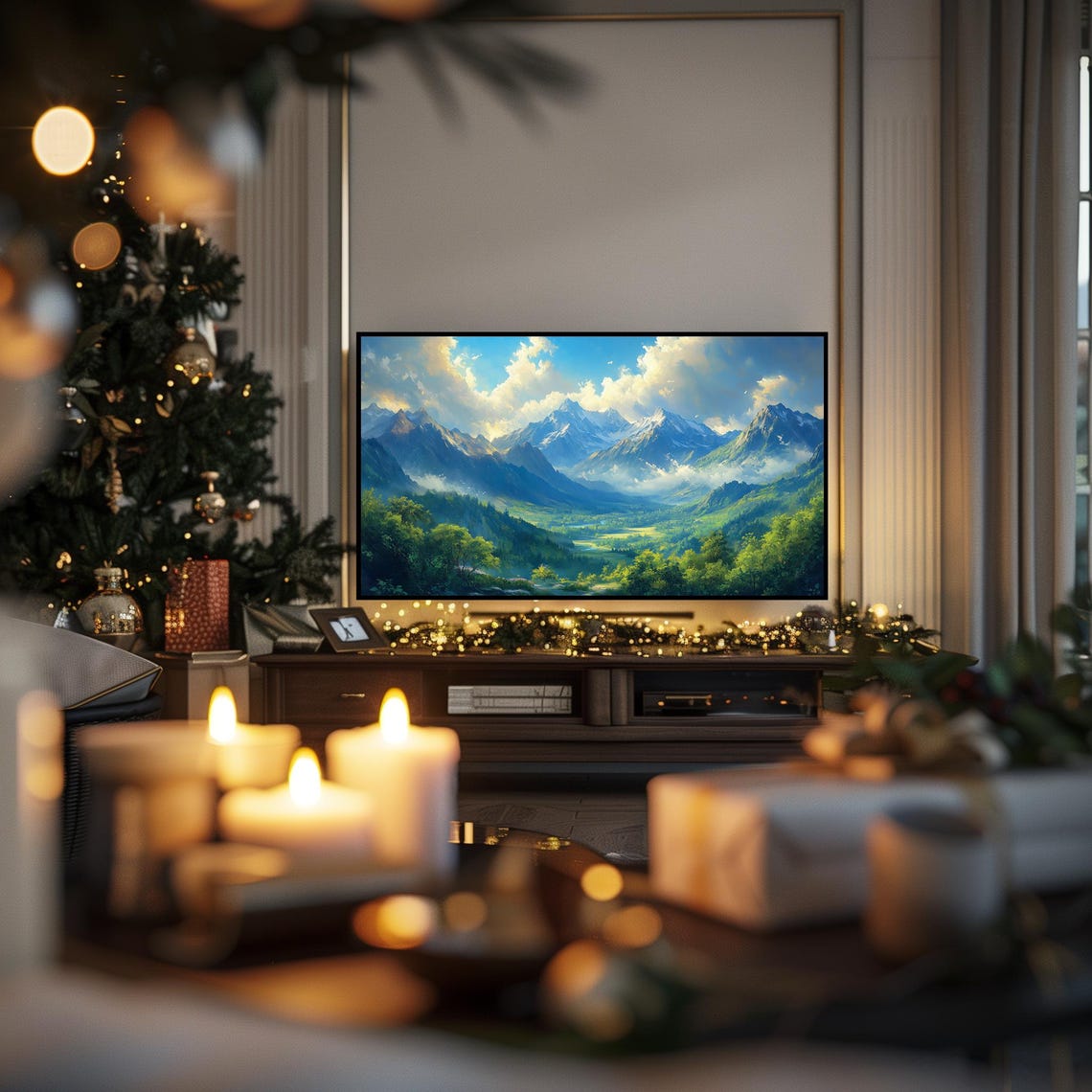 Majestic Mountain Peaks Over Lush Green Valley Frame TV Wall Art - Image 3