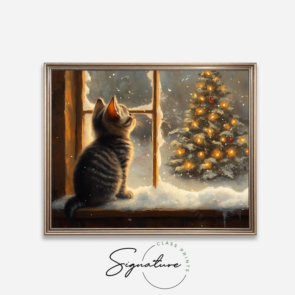 Tabby Kitten Watching Snowfall from a Warm Snowy Windowsill Poster - Image 4