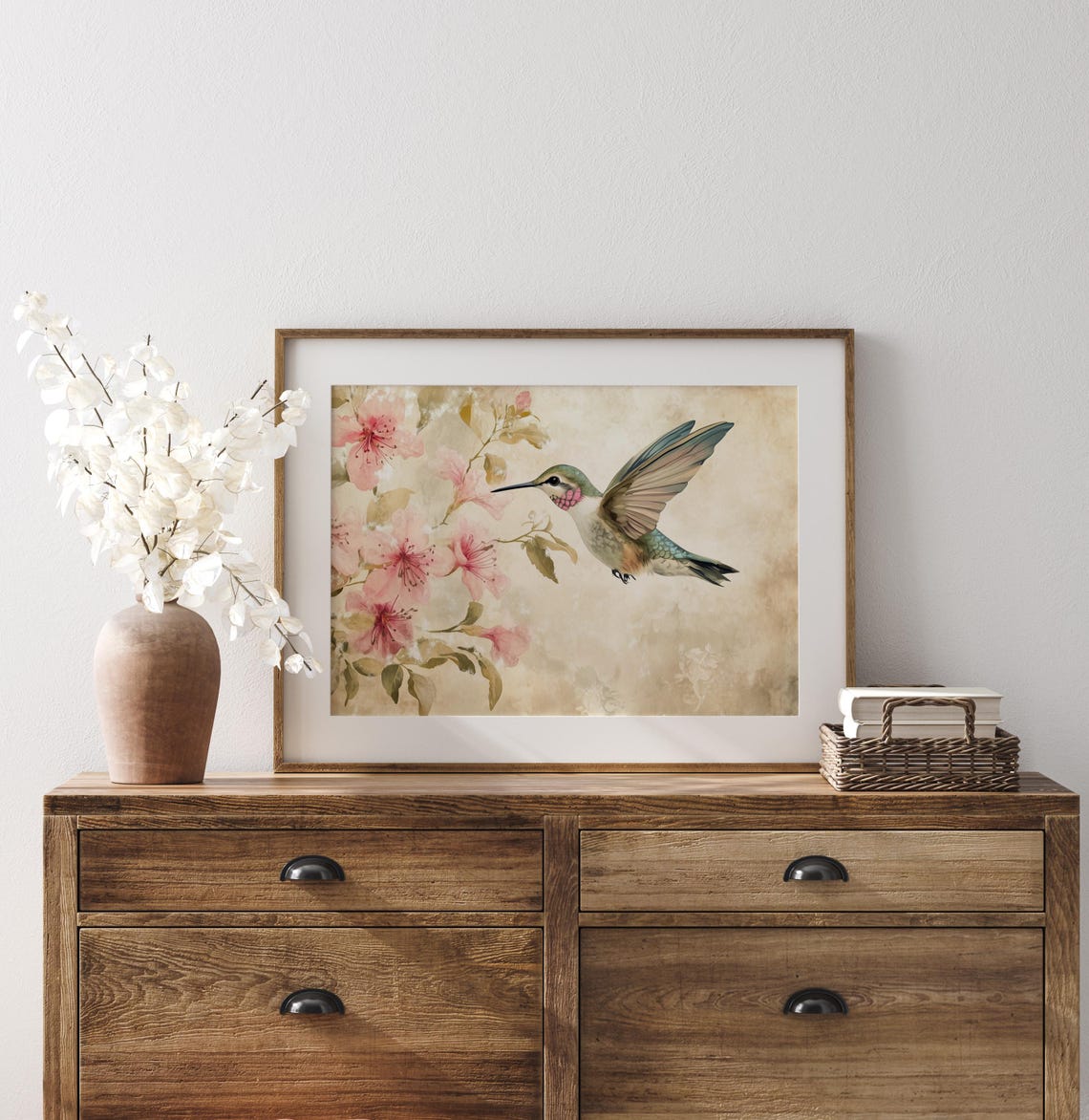 Hummingbird Hovering Near Pink Blossoms Delicate Vintage Wall Art - Image 2