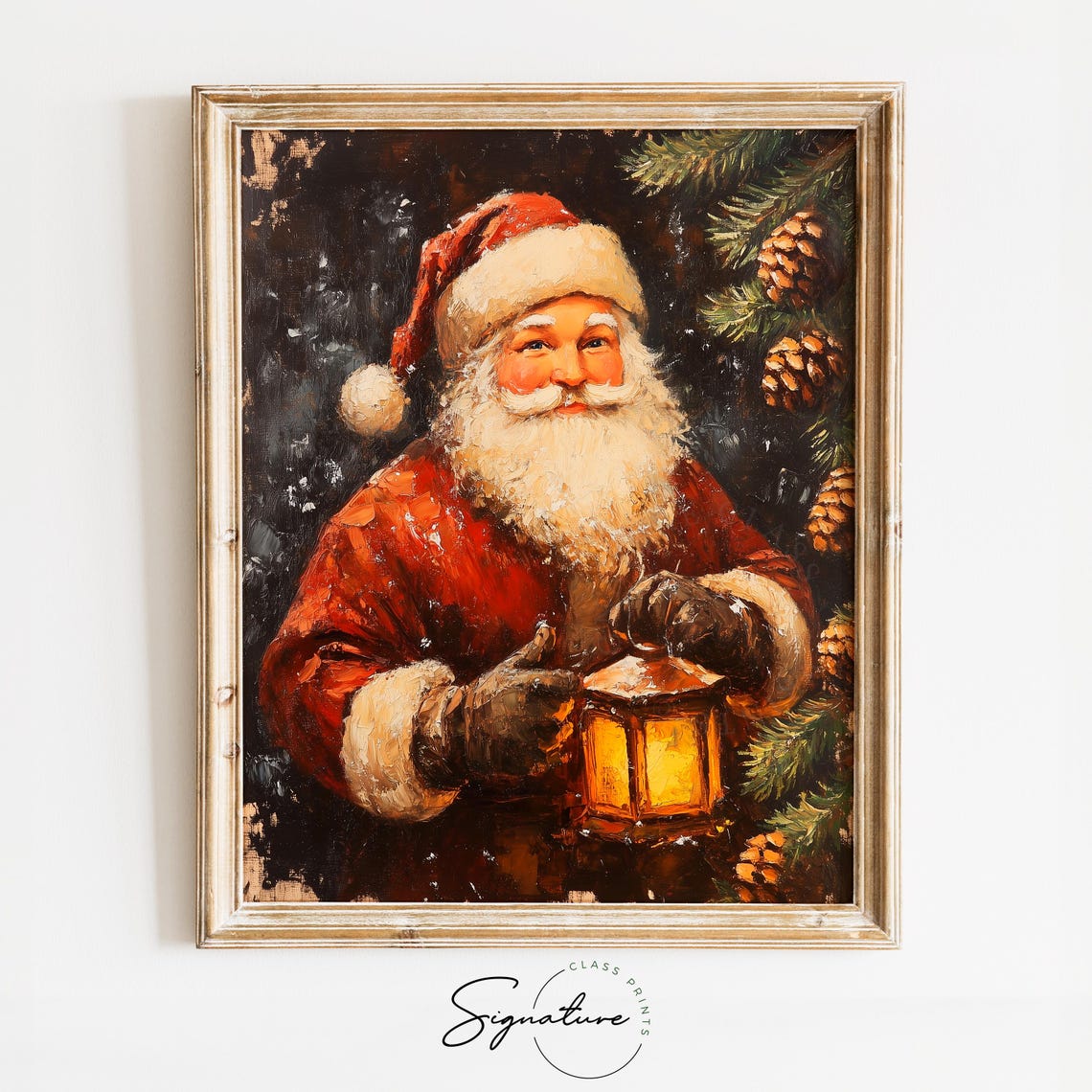 Santa Claus With a Glowing Lantern in a Pine Forest at Night Poster
