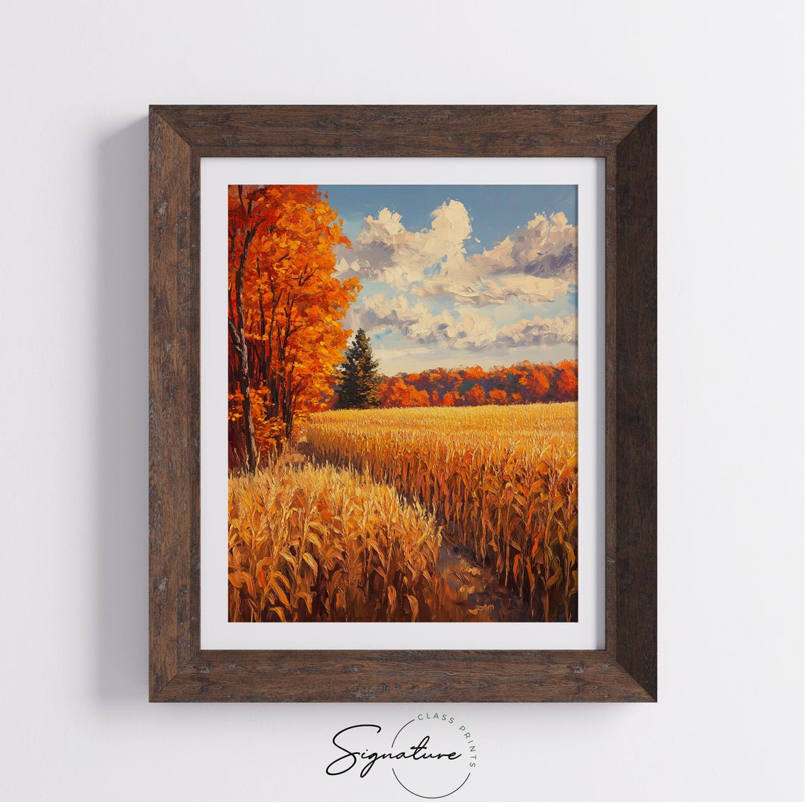 Golden Cornfield Path Bordered By Blazing Red Autumn Trees Poster - Image 4