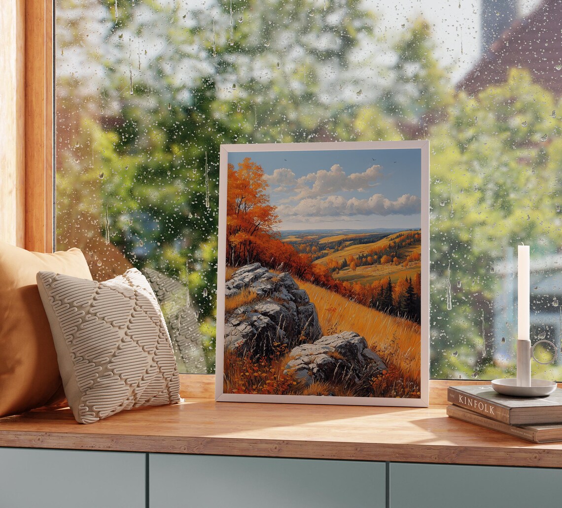 Rocky Hillside With Orange Birches Overlooking Autumn Valley Vista Wall Art - Image 2