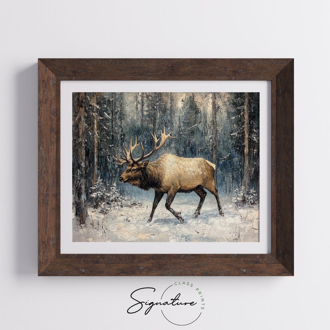 Bull Elk Walking Through Snowy Forest Winter Wildlife Oil Style Poster - Image 5