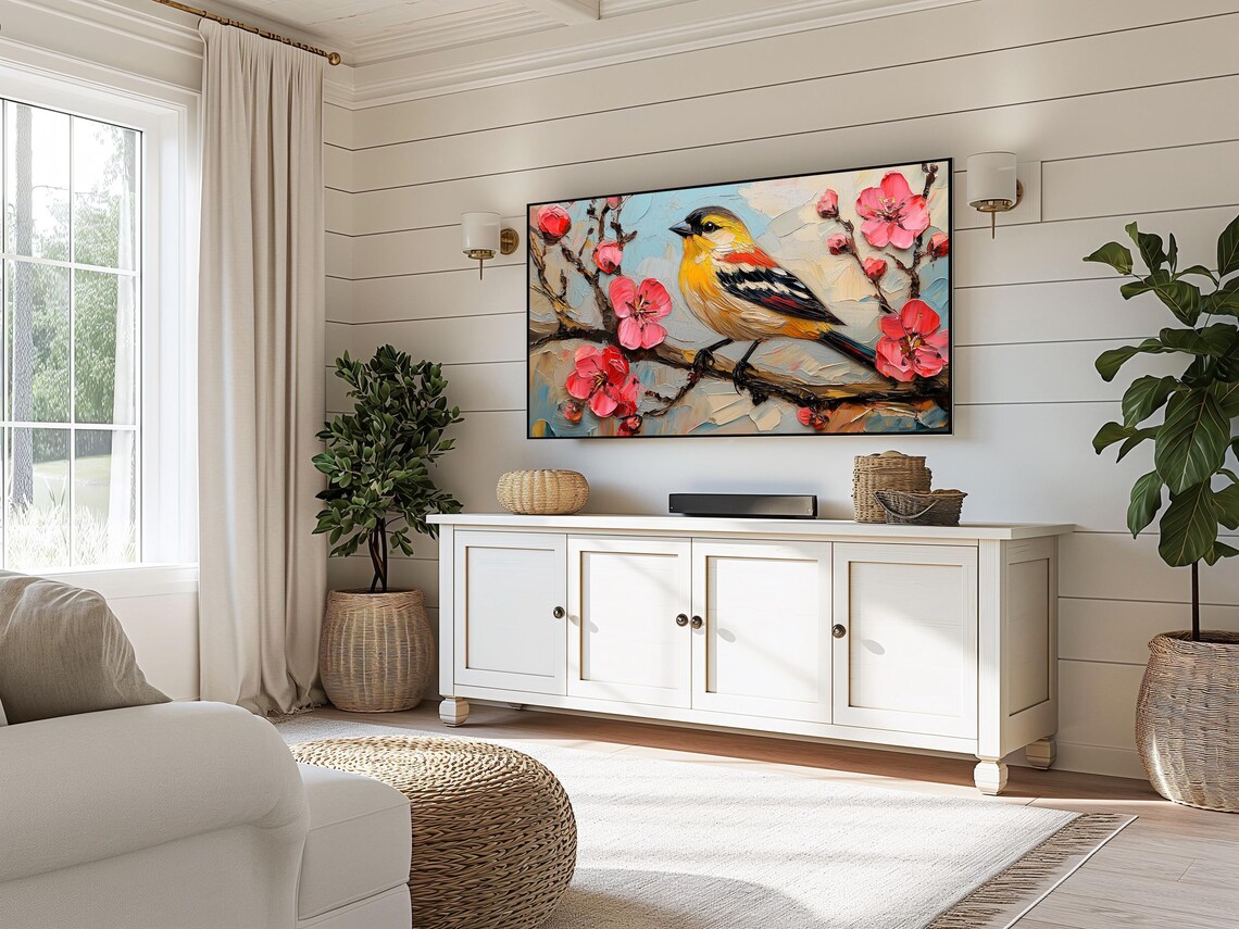 Goldfinch Pink Plum Blossom Branch Colorful Bird Spring Floral Painting Poster - Image 3