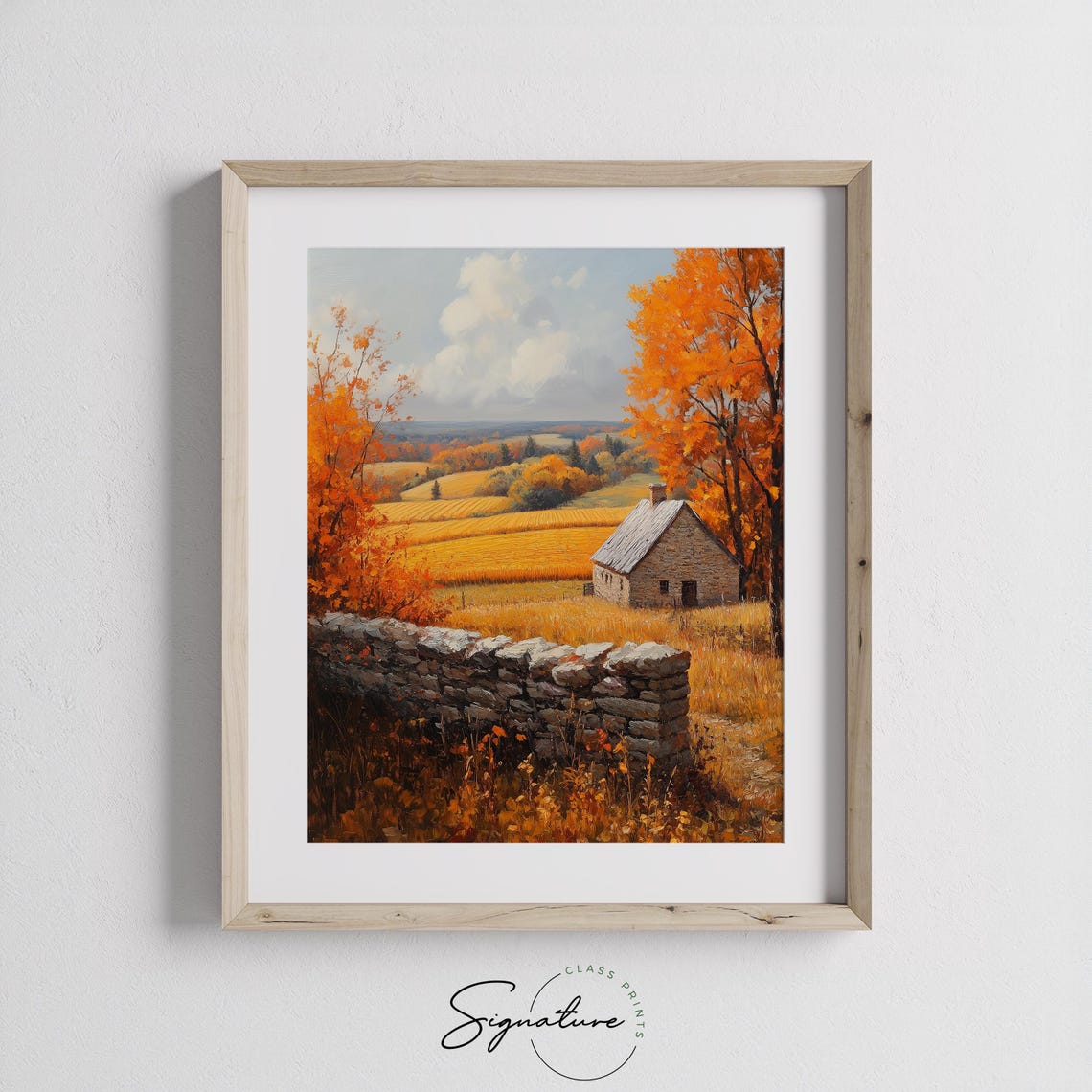 Stone Cottage and Rock Wall in Golden Autumn Field Landscape Poster - Image 3