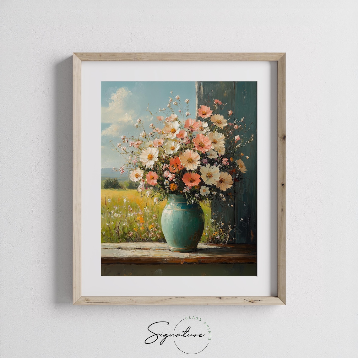 Turquoise Vase With Spring Cosmos Flowers Rustic Oil Painting Wall Art - Image 2