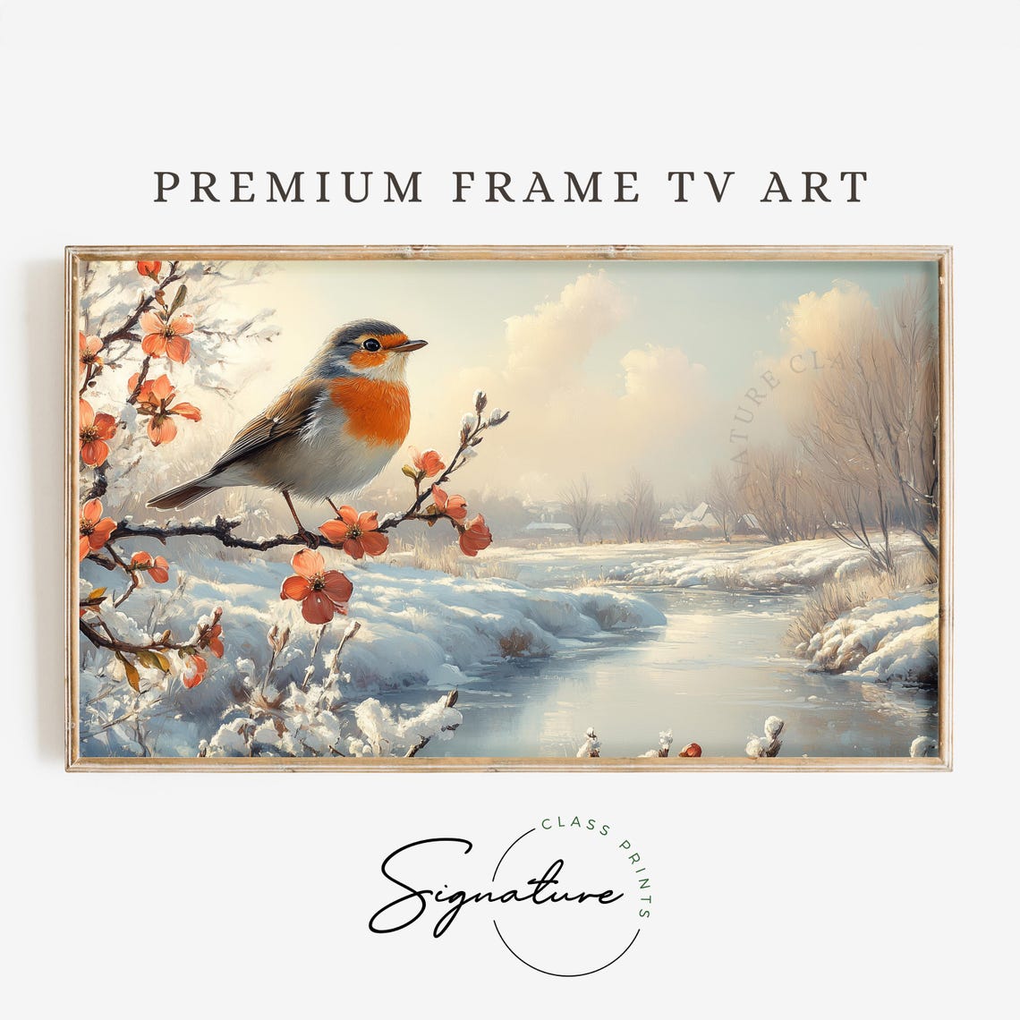 Robin On Snowy Blossom Branch Over Frozen Winter River Poster