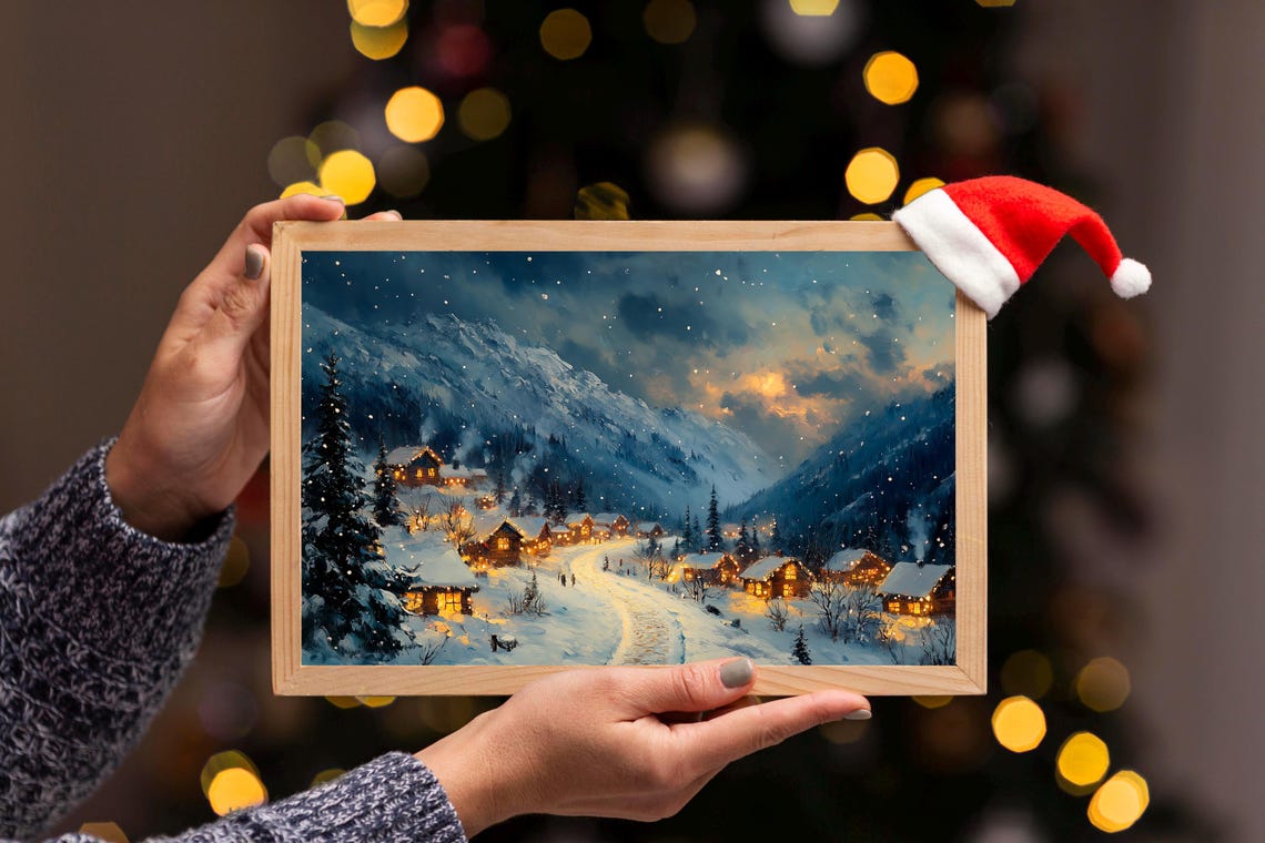 Snowy Christmas Village Night Lights Mountain Holiday Wall Art - Image 3