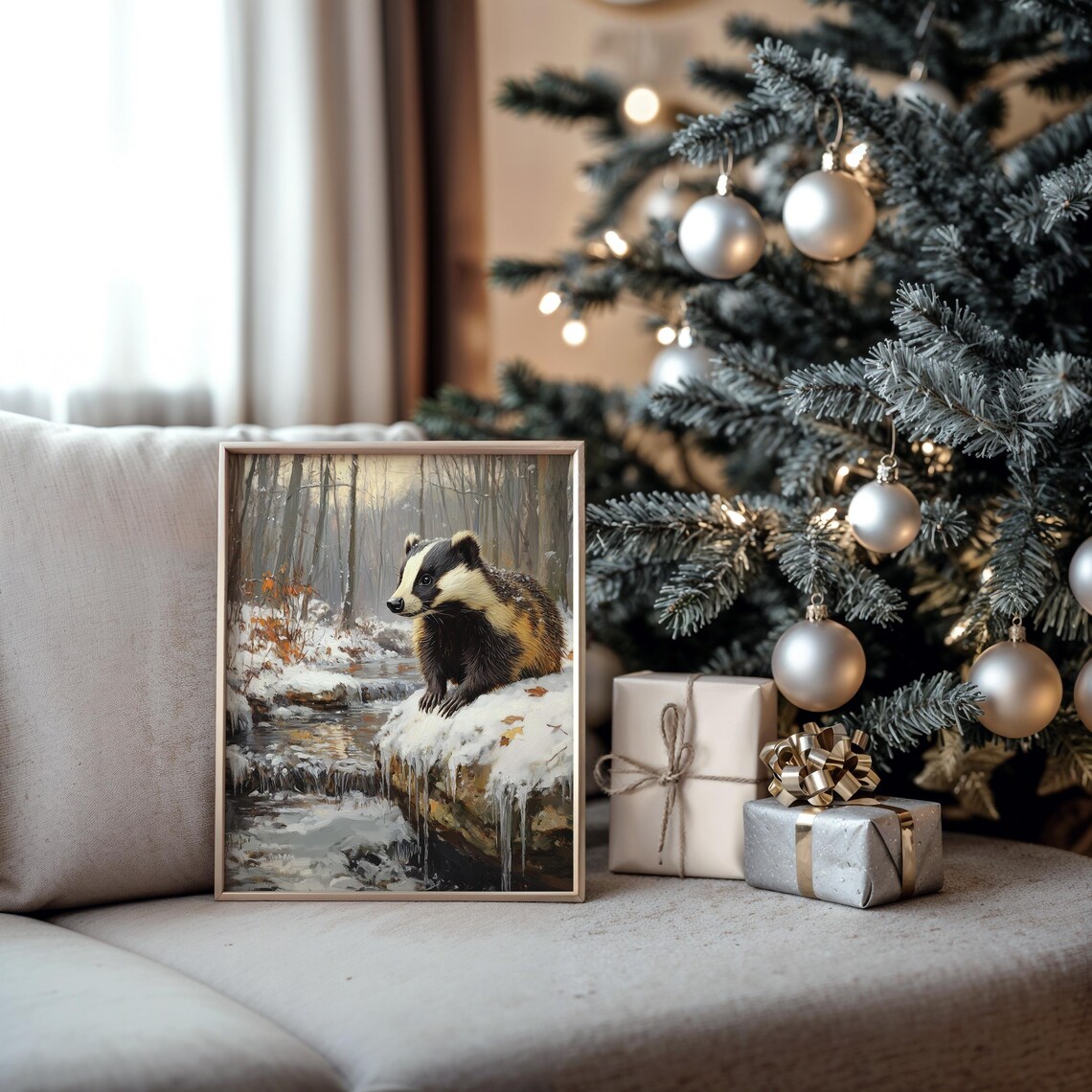 Badger Snowy Stream Winter Woodland Forest Wildlife Oil Painting Poster - Image 5