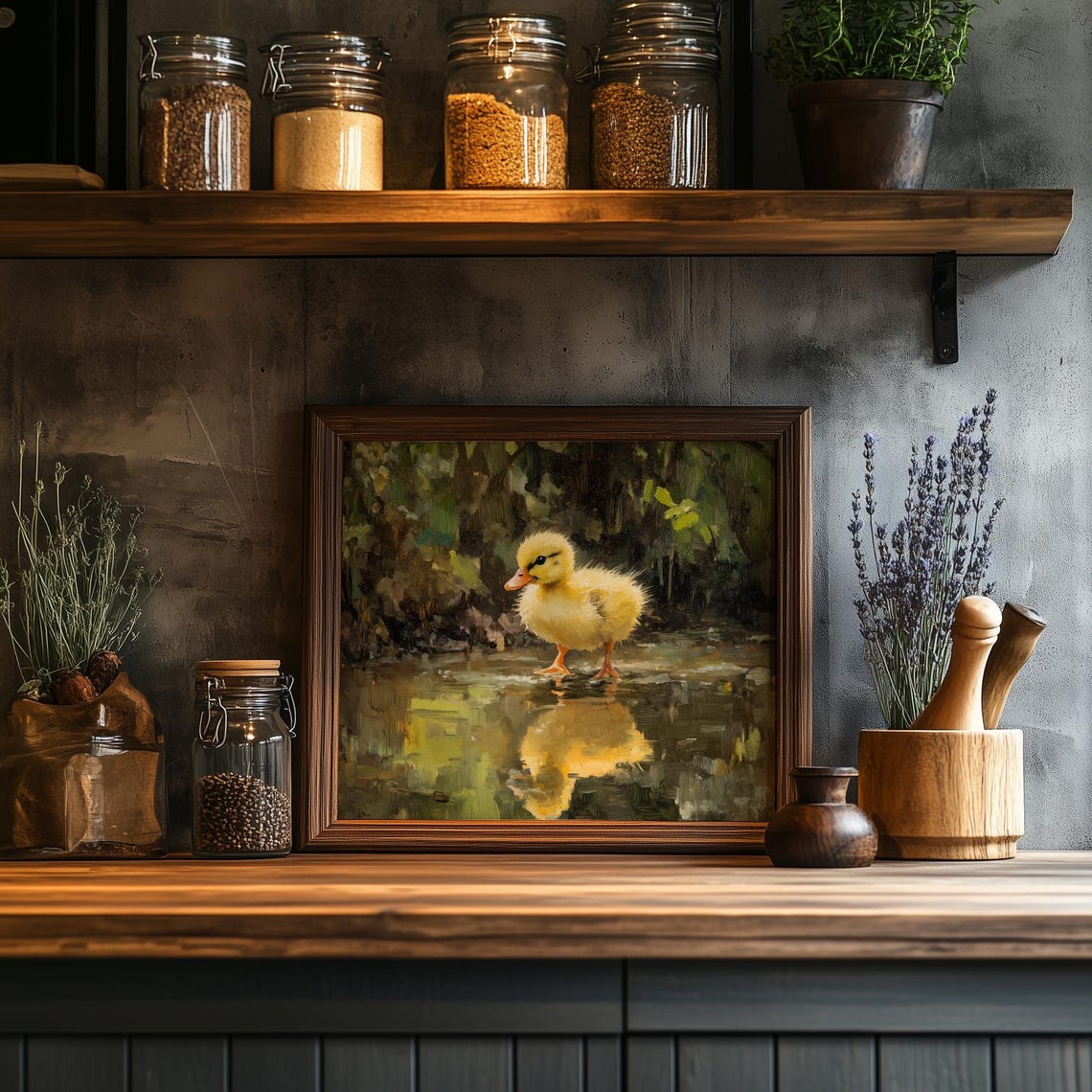 Fluffy Duckling by Water Edge Mirror Reflection Spring Painting Print - Image 2