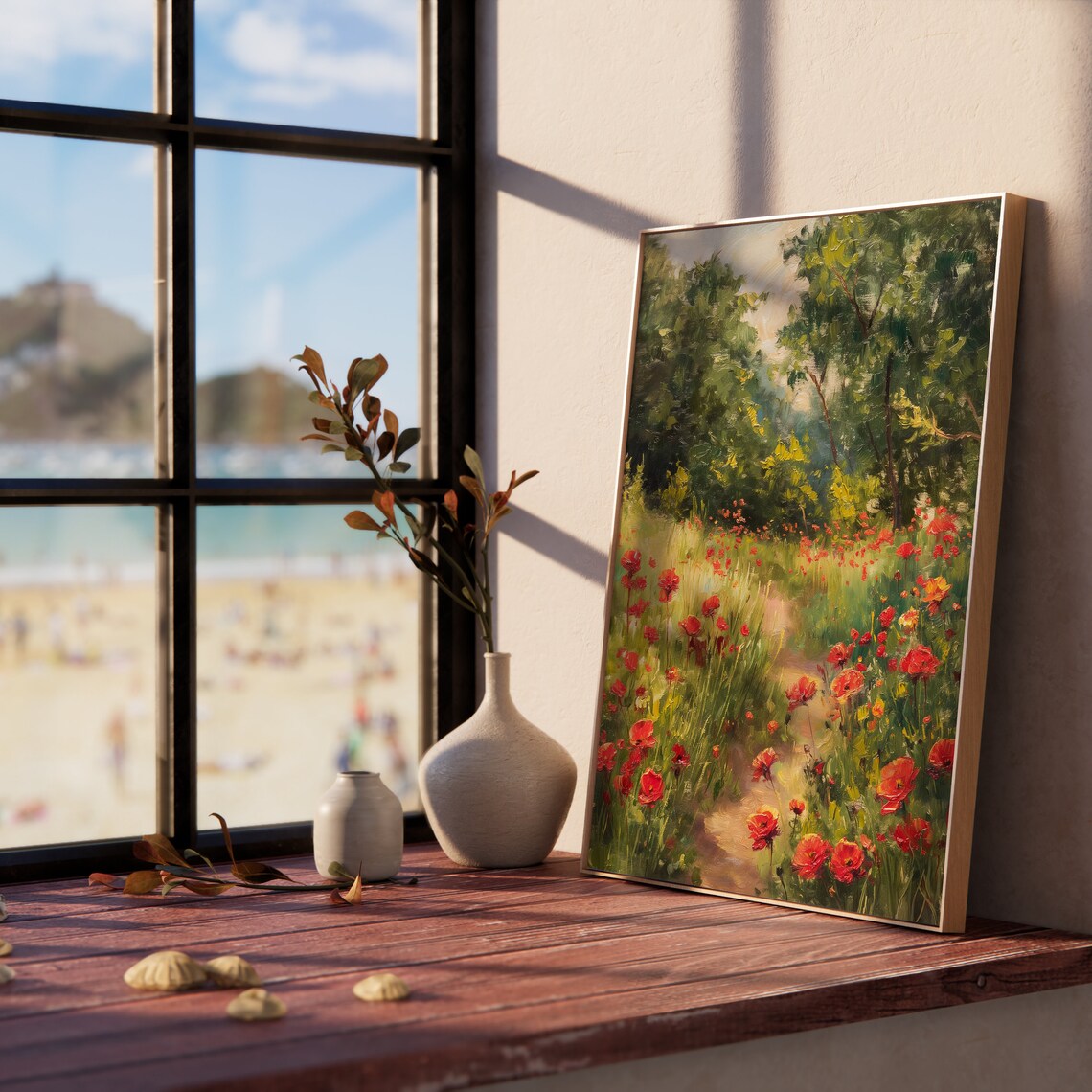 Poppy Field Painting, Rustic Wildflower Landscape - Image 5