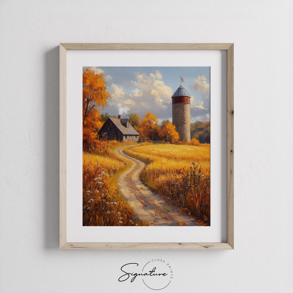 Historic Farm With American Flag Flying Above Silo in Golden Wheat Wall Art - Image 3