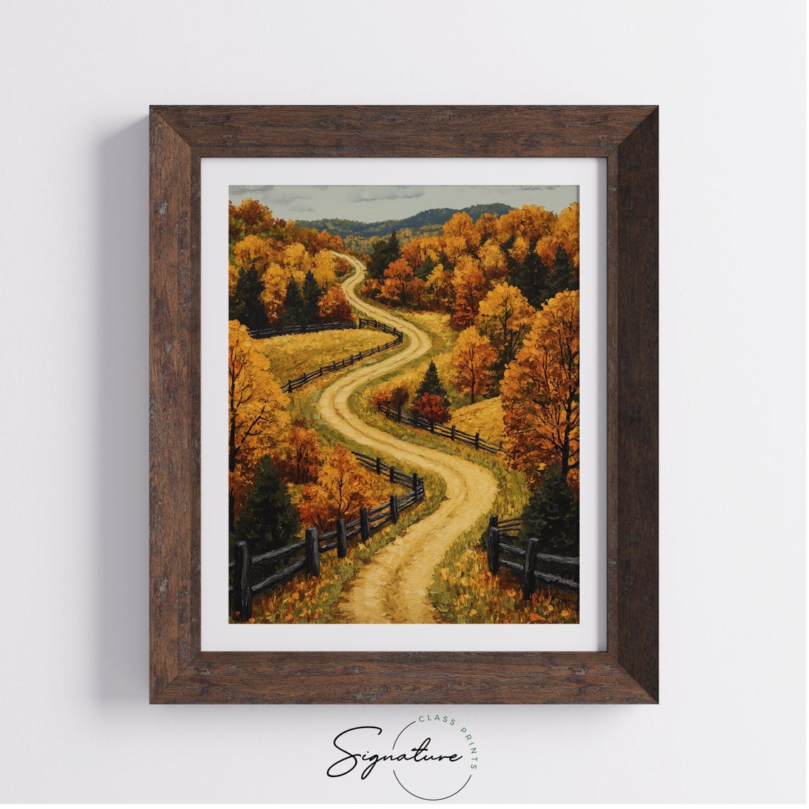 Winding Fence Road Autumn Forest Hilltop Scenic Painting Print - Image 4