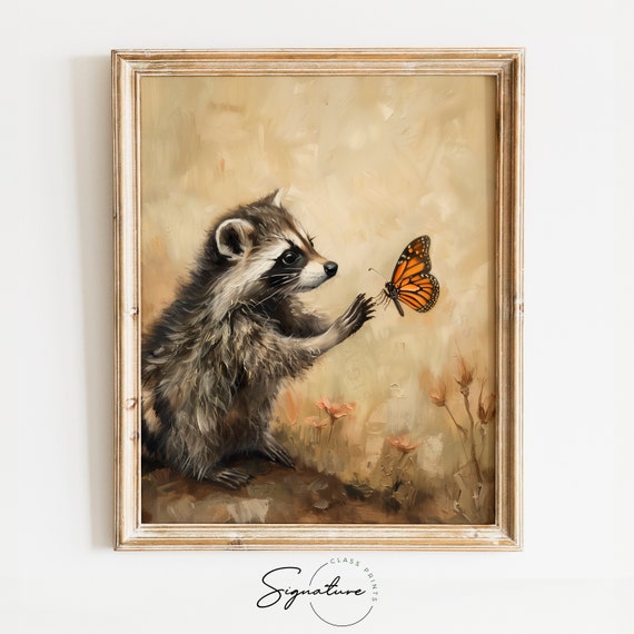 Baby Raccoon Butterfly Wall Painting Nature Inspired Wall Decor Wall Art For Nursery Playful Wildlife Home Decoration 432
