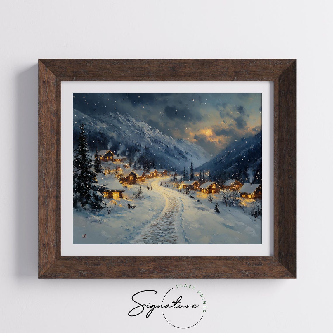 Snowy Christmas Village Night Lights Mountain Holiday Wall Art