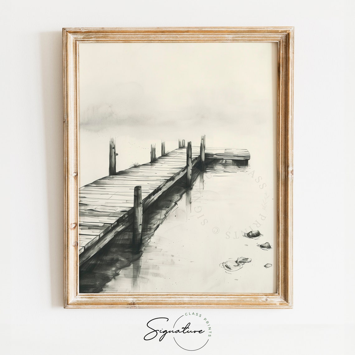 Weathered Wooden Pier In Misty Lake Serene Water Sketch Art Poster