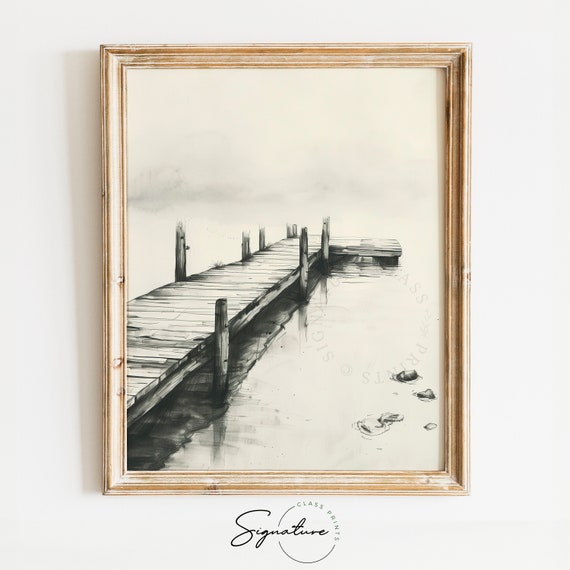 Wooden Pier In A Misty Lake Sketch Tranquil Lake Art Serene Water Wall Decor Rustic Dock Landscape Illustration 762