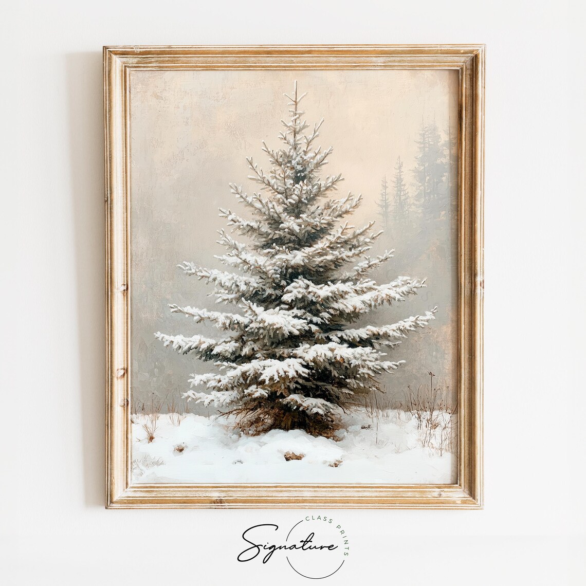 Lone Snowy Spruce Tree In A Quiet Winter Field Painting Poster