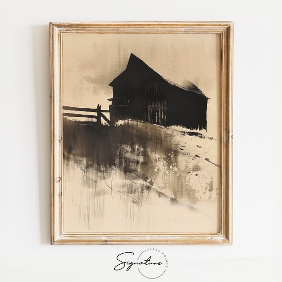 Moody Morning On Farm With Barn Sketch Rustic Farmhouse Art Print Vintage Barn Landscape Scene Charming Wall Decor 755