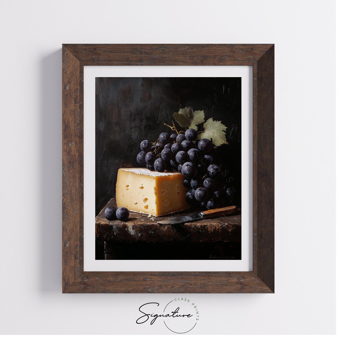 Dark Grapes With Aged Cheese Classic Still Life Oil Painting Poster - Image 4
