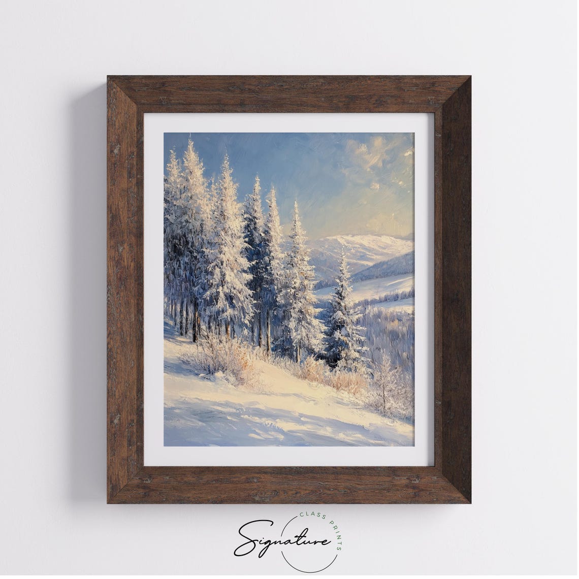 Frosty Cedars on Hillside Under Blue Winter Mountain Sky Poster - Image 3