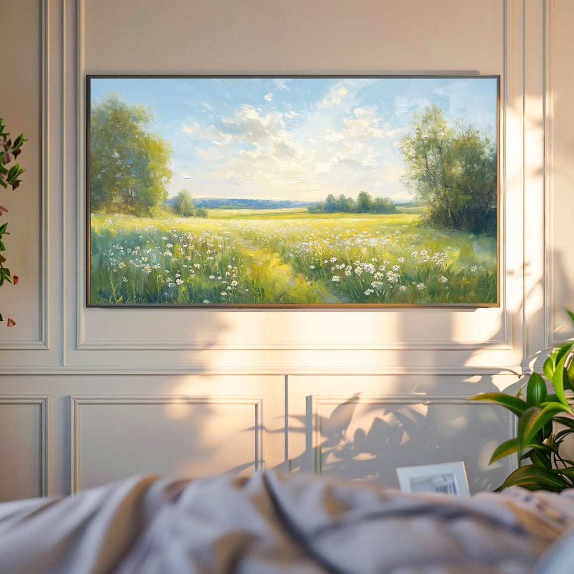 Spring Meadow Daisy Field Under Bright Blue Sky Landscape Poster - Image 4
