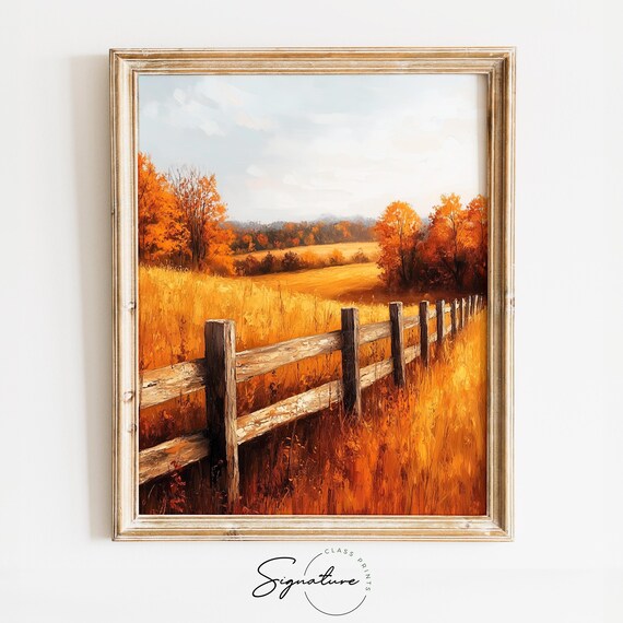 Rustic Wooden Fence Winding Through Golden Autumn Field to Treeline Wall Art
