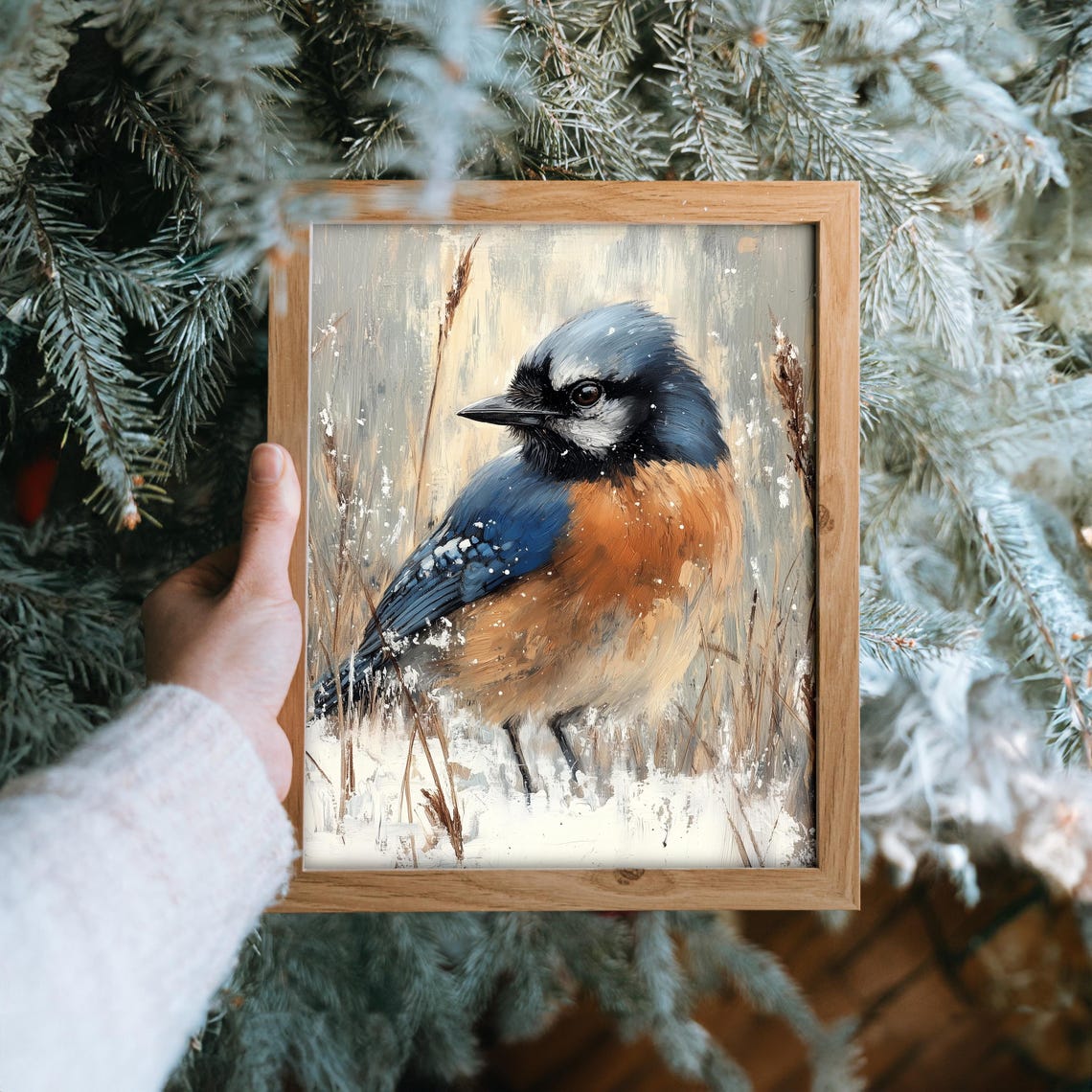 Blue Jay In Falling Snow Among Winter Grasses Bird Art Poster - Image 6