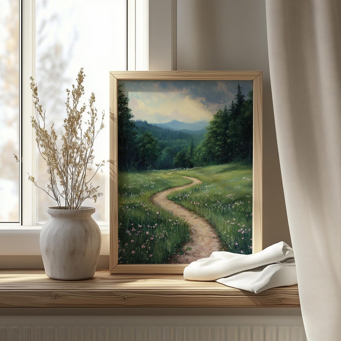 Winding Path Through Green Meadow To Pine Forest Landscape Painting - Image 4