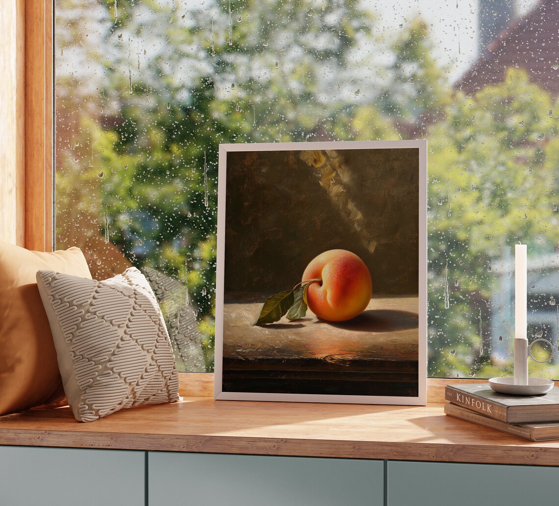 Ripe Peach Still Life Sunlit Table Warm Tones Classic Fruit Oil Painting Poster - Image 2