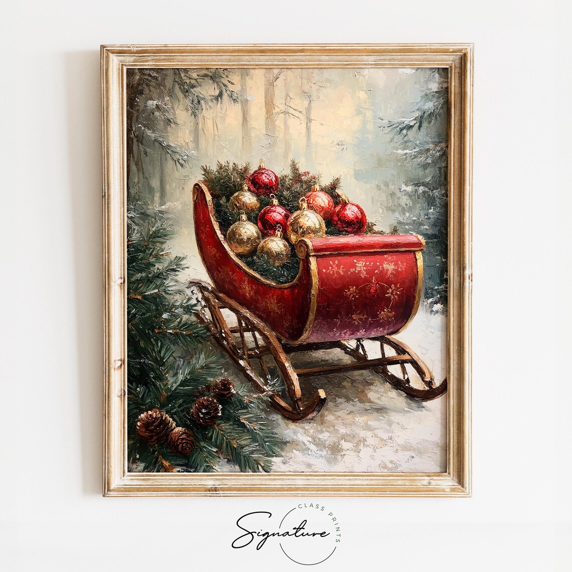 Red Vintage Sleigh Full of Ornaments Snowy Forest Christmas Print