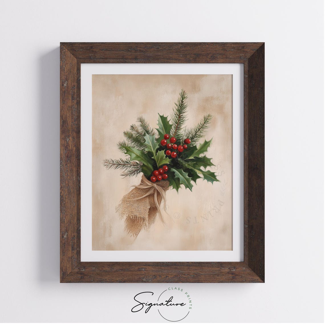 Holly and Pine Sprig Bouquet Wrapped in Burlap Christmas Poster - Image 3