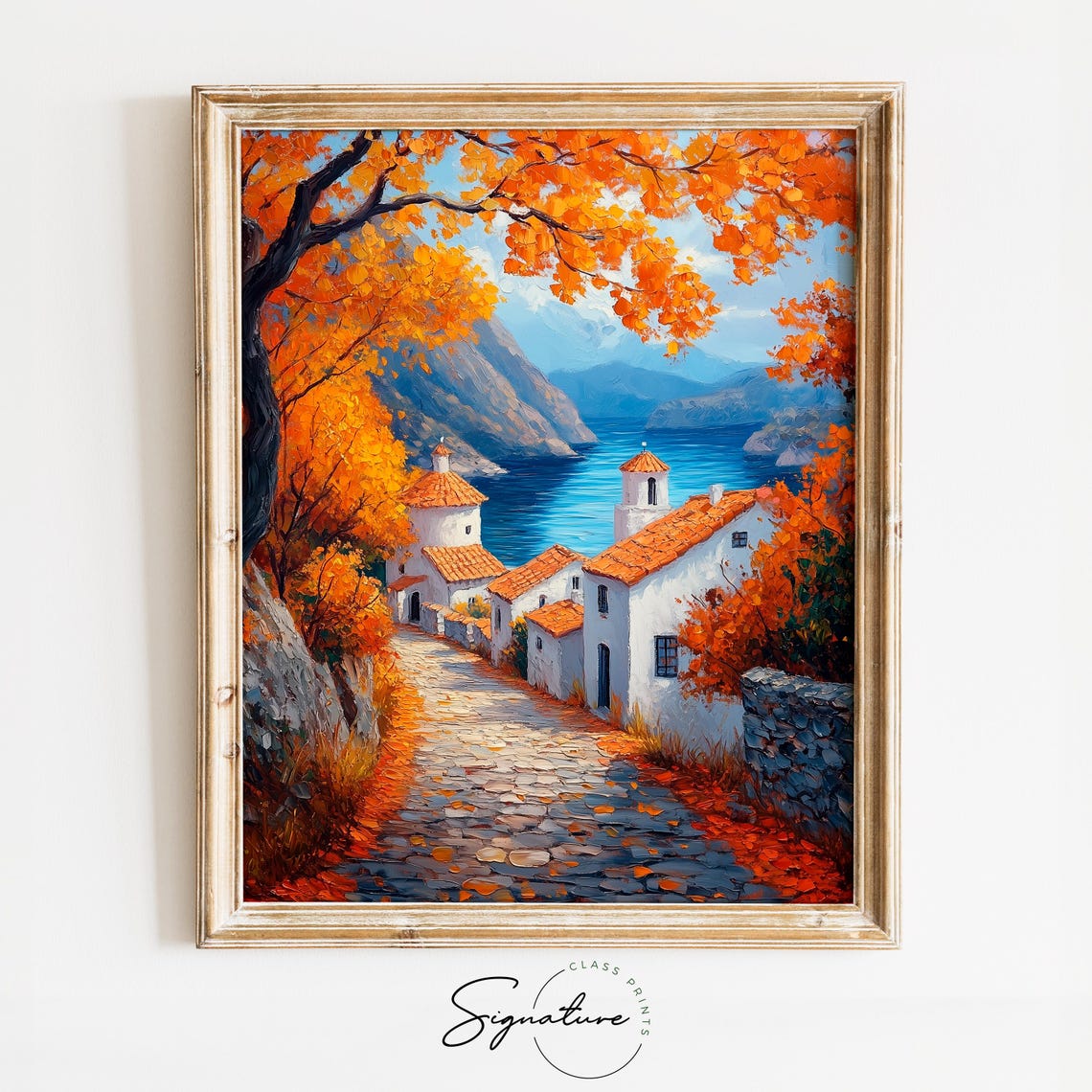 Mediterranean Seaside Village Autumn Trees Coastal Bay View Poster