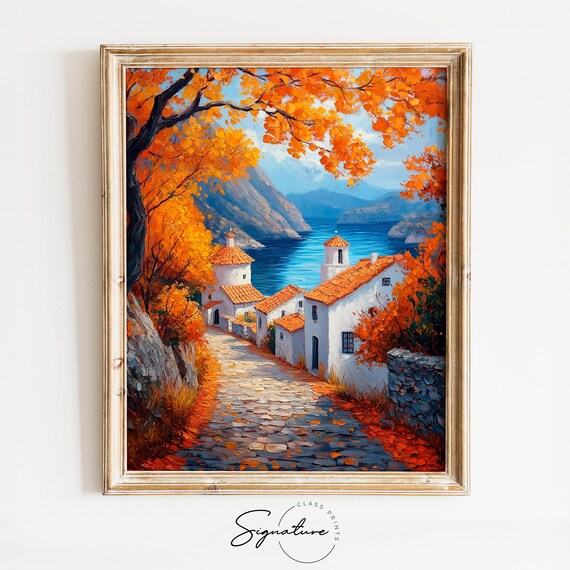 Mediterranean Seaside Village Autumn Trees Coastal Bay View Poster
