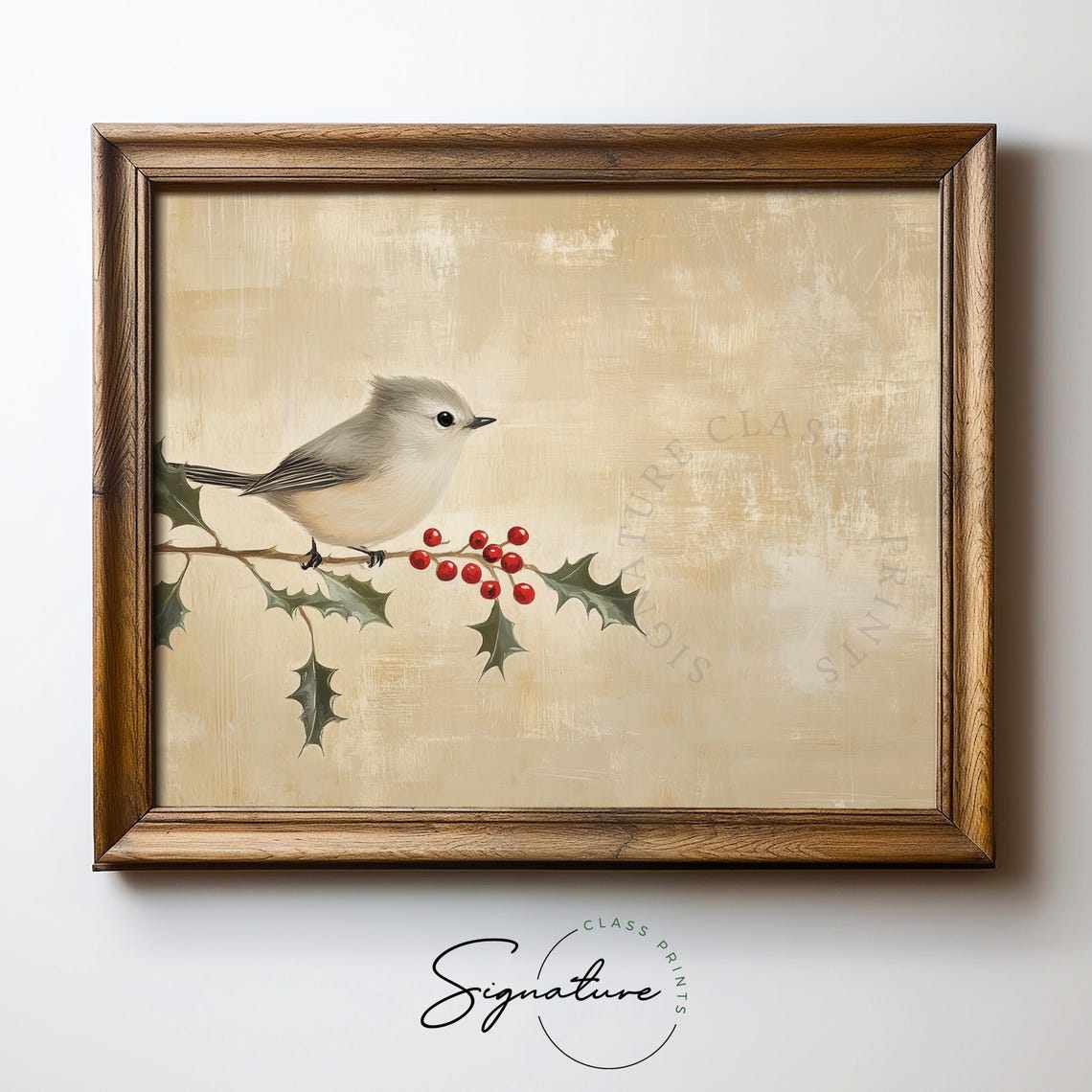 Tufted Titmouse on Holly Branch Red Berries Winter Bird Art Poster - Image 5
