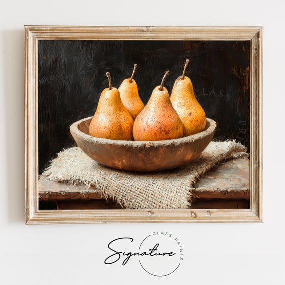 Pears In Wooden Bowl Still Life Rustic Earthy Kitchen Decor Vintage Cottagecore Art Moody Country Wall Art 1674