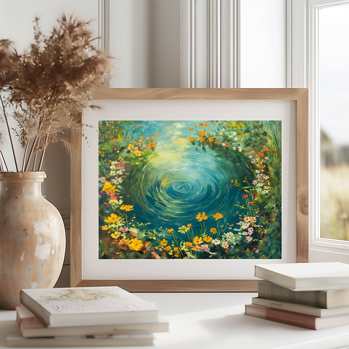 Emerald Swirl Pond With Golden Wildflowers Overhead View Poster - Image 2