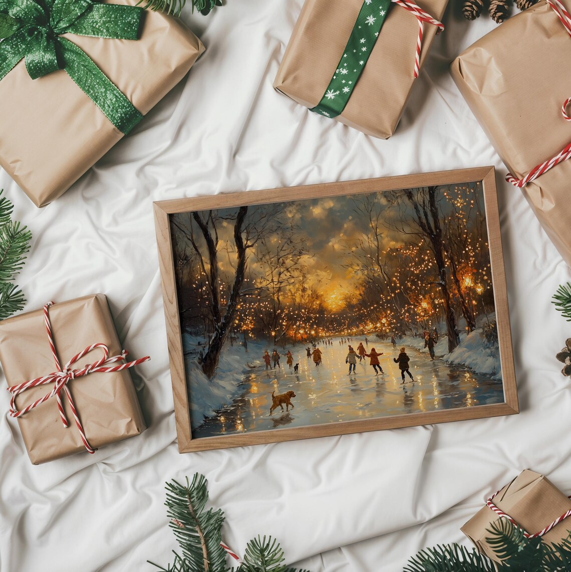 Kids Ice Skating at Golden Sunset on Outdoor Rink with Dogs Poster - Image 2