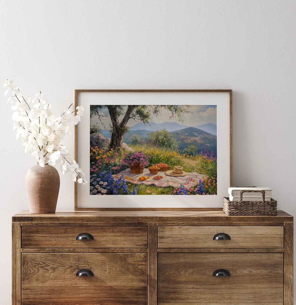 Wildflower Picnic Basket Fruit Summer Meadow Mountains Vintage Oil Poster - Image 3