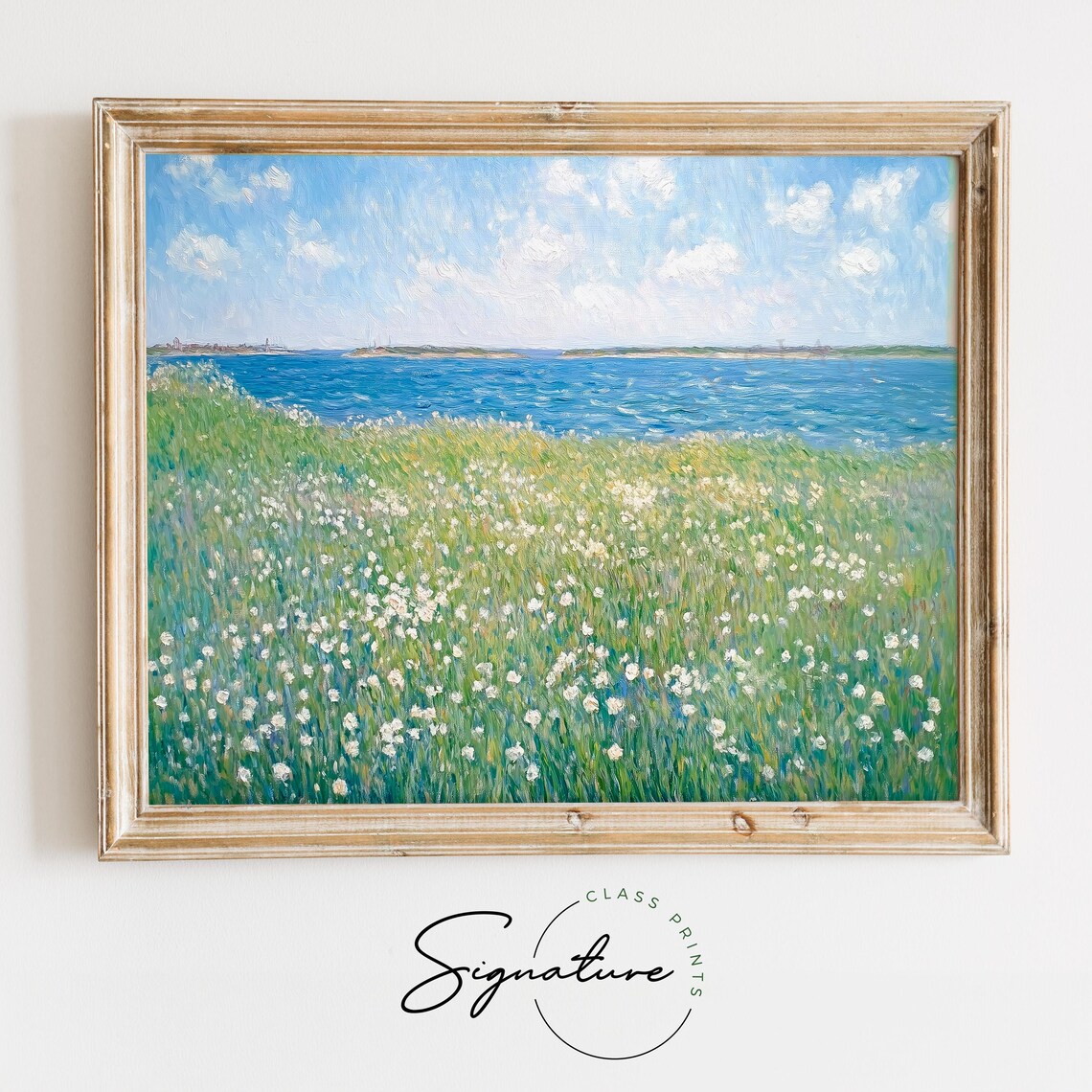 White Wildflowers By Coastal Water Blue Sea Summer Impressionist Poster
