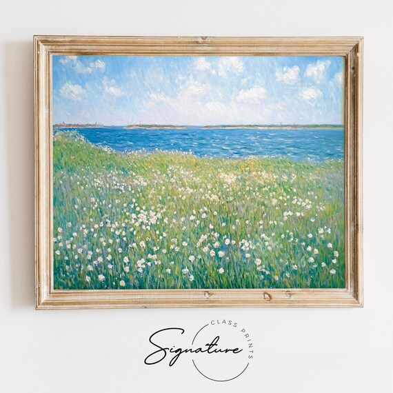 White Wildflowers By Coastal Water Blue Sea Summer Impressionist Poster