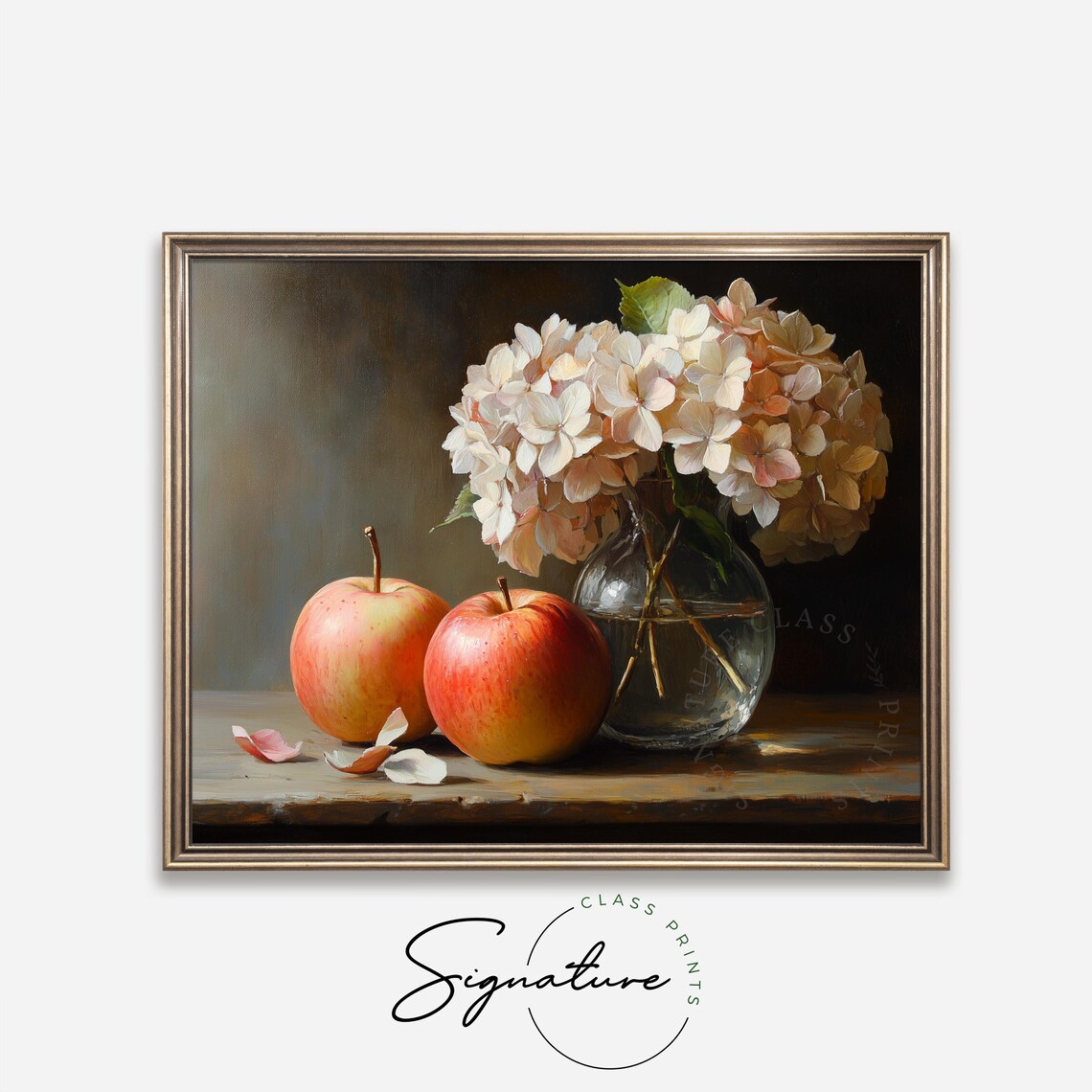 Rustic Still Life With Apples, Hydrangeas Art Print - Image 4