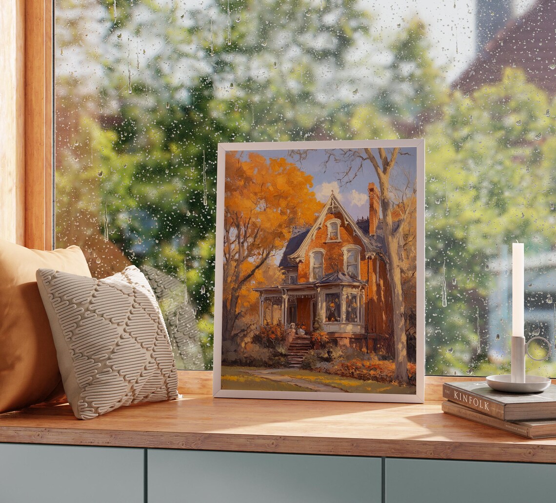 Victorian Brick House With a Grand Porch Framed by Orange Maples Poster - Image 2