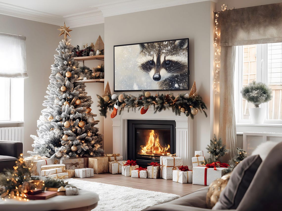Raccoon Face Winter Frame Tv Art Frosty Whiskers Animal Painting Rustic Woodland Tv Art Cozy Cottagecore Holiday Decor 2305 - Image 2