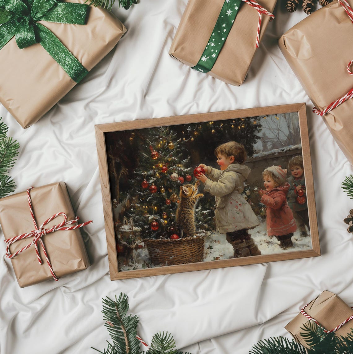 Children and a Kitten Decorating a Small Christmas Tree in Snow Poster - Image 2