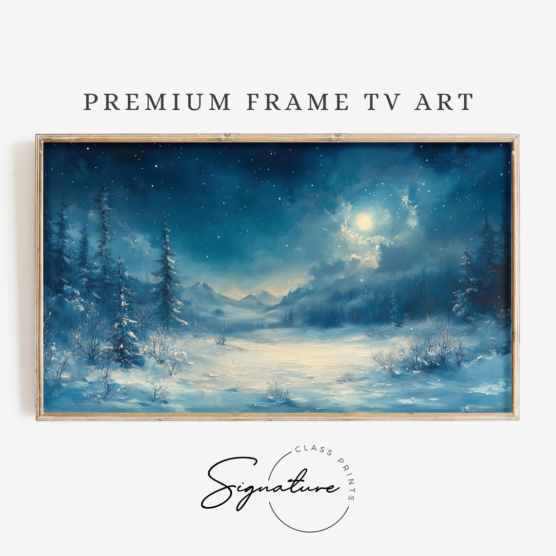 Moonlit Winter Valley With Snowy Pines And Distant Peaks Night Art Poster