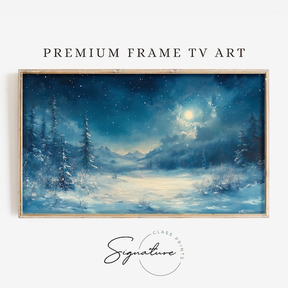 Moonlit Winter Valley With Snowy Pines And Distant Peaks Night Art Poster